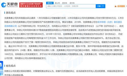 网易云音乐被诉拖欠900万预付款 华纳关联公司起诉网易云音乐